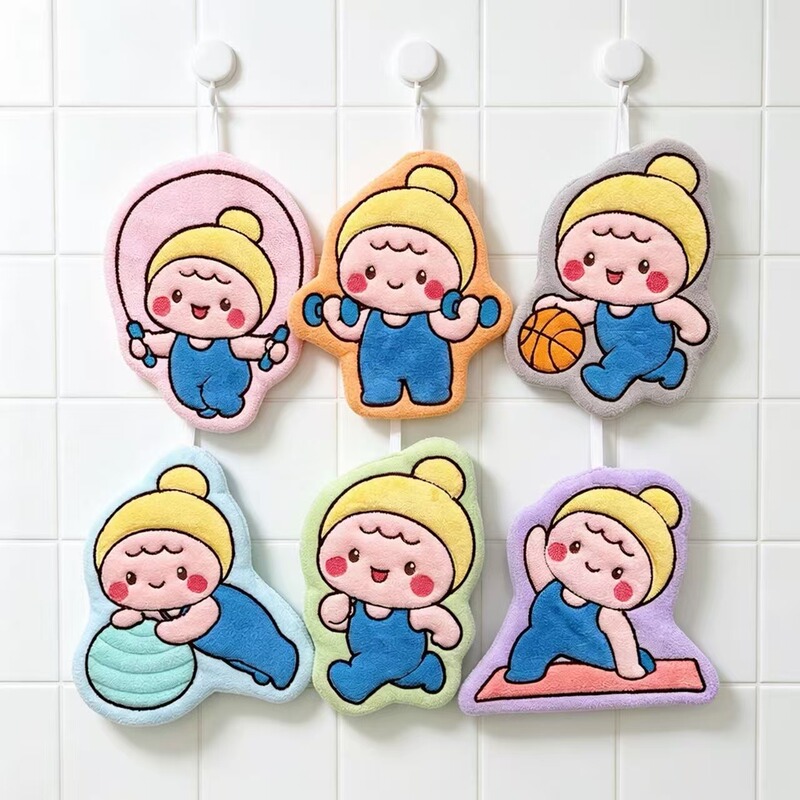 Cute cartoon-themed hand towels with adorable, sporty, and playful designs, featuring small figures with puffy hair, a set of six kitchen hanging accessories, perfect for a girl's aesthetic Cute cartoon-themed hand towels with adorable, sporty, and playful designs, featuring small figures with puffy hair, a set of six kitchen hanging accessories, perfect for a girl's aesthetic