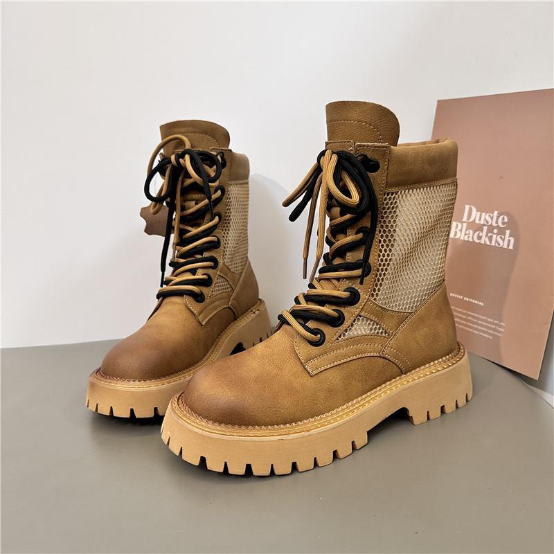 Genuine leather rhubarb boots for women 2024 autumn new mesh boots casual Martin boots for women breathable_vogarts.com