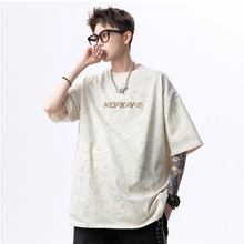 美式扎染字母刺绣短袖t恤男夏季重磅宽松休闲半袖青少年潮牌体恤