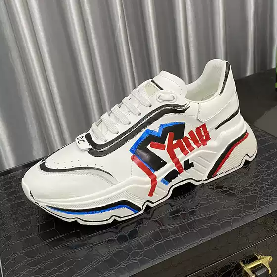 Genuine Leather Men's Sneakers Soft Sole Comfortable Color-Block Casual Shoes European Style Printed Thick Sole Elevator Dad Shoes