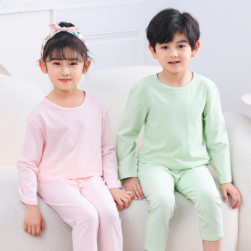 2023 Solid Color Lycra Cotton Home Suit Children's Nine-point Sleeve Nine-point Pants Thin Indoor Two-piece Set 2023 Solid Color Lycra Cotton Home Suit Children's Nine-point Sleeve Nine-point Pants Thin Indoor Two-piece Set