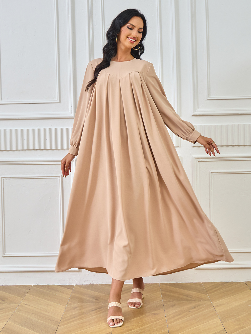 New Abaya Arab Cross-border Middle Eastern Muslim Robe Long-sleeved Solid Color Large Hem Dress Long Skirt Women's_ecoleips.com