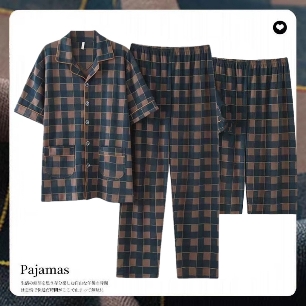 100% pijamas pantalones cortos de algodón de manga corta de verano para hombre Pantalones más tamaño de tres piezas delgadas homewear suelto para hombre