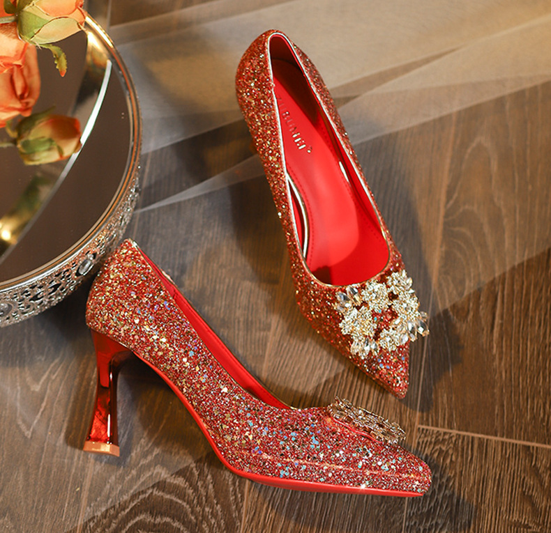 Giày cao gót nữ mũi nhọn đính sequin gót vuông quai ngang — sâm panh chi tiết 10