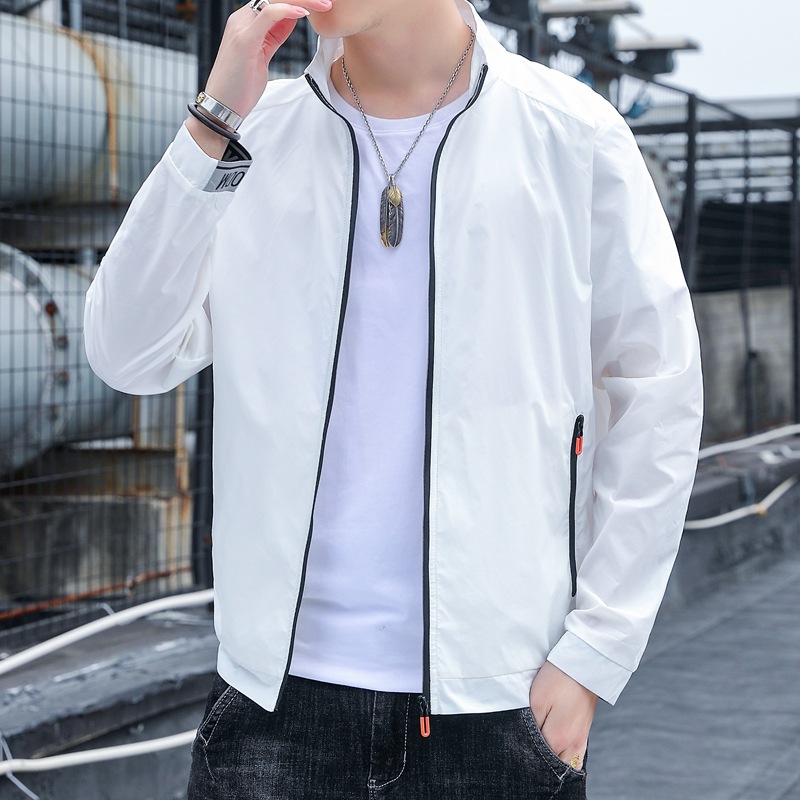 Verano nuevos hombres ropa de protección solar chaqueta seda del hielo estilo coreano moda al aire libre delgada capa piel collar soporte ocasional