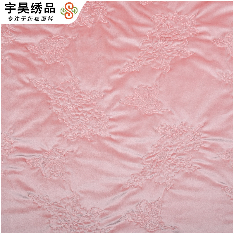 新中式精致复古花朵裥棉国风系重工刺绣绗绣绗棉夹棉绒布绣花面料
