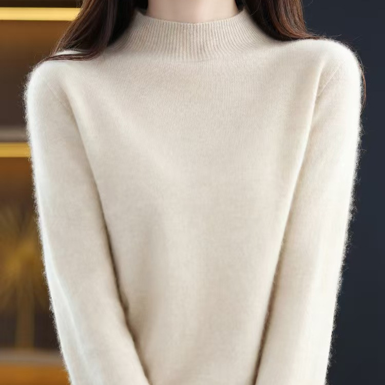 Autumn and Winter New 100% Wool Sweater for Women, First-Line Ready-To-Wear Base Pullover, Slimming Half-High Collar Knit Sweater