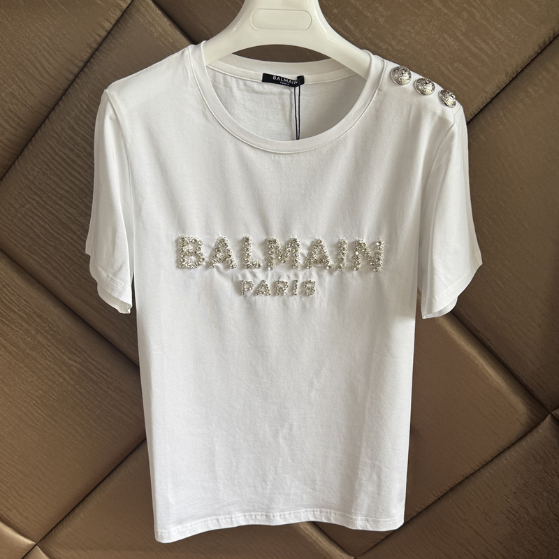 Trendy Balmain T-Shirt Spring and Summer New Style Handmade Diamond Letters Cotton Balmain Short-Sleeved Shoulder Gold Buckle