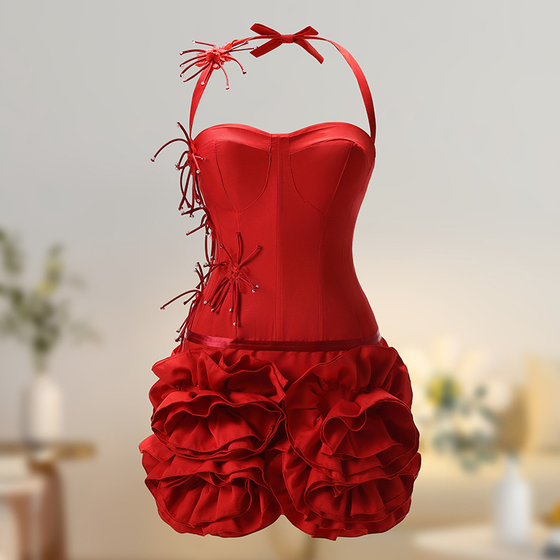 抹胸连衣裙女装名媛生日礼服裙重工立体玫瑰鱼骨收腰蓬蓬红色裙子
