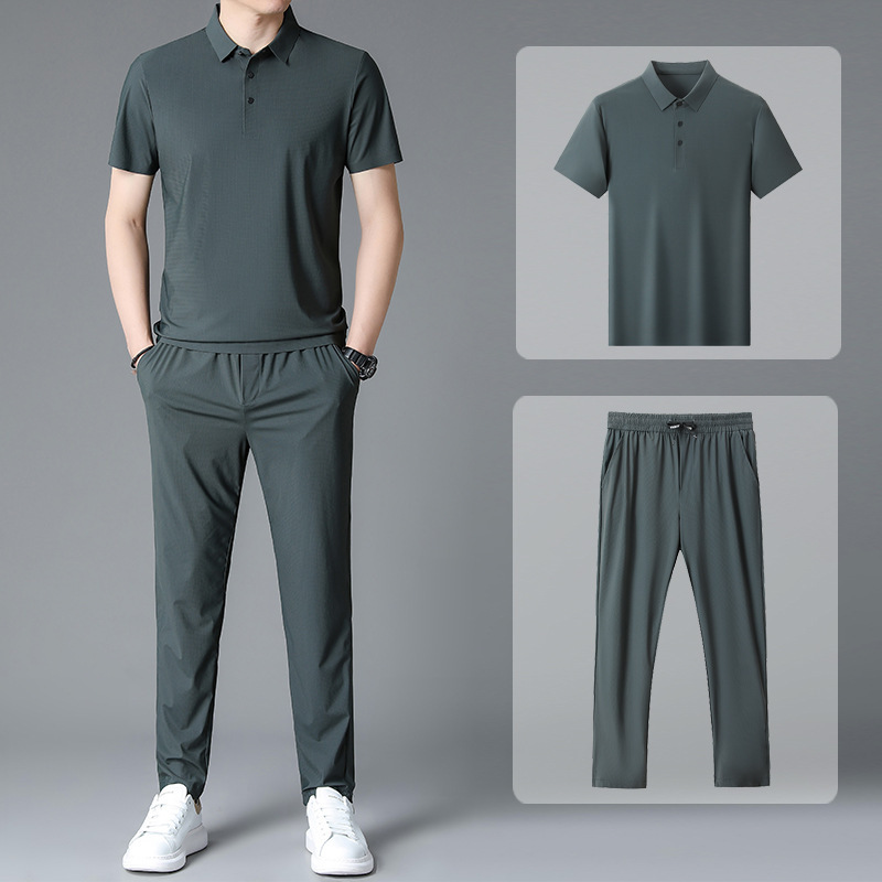Men's Short-Sleeved T-Shirt and Long Pants Casual Suit, Men's Ice Silk Seamless Polo Two-Piece Set, Middle-Aged Dad Two-Piece Set Men's Short-Sleeved T-Shirt and Long Pants Casual Suit, Men's Ice Silk Seamless Polo Two-Piece Set, Middle-Aged Dad Two-Piece Set