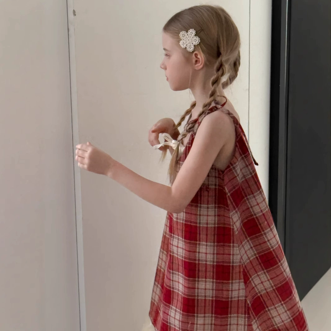 Поддельная двухсекционная кружевная красная клетчатая юбка на подтяжках для девочек, лето 2025, новое свободное модное платье в корейском стиле