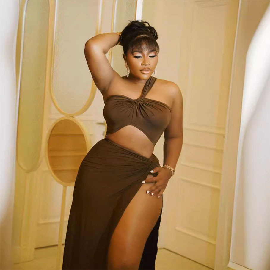 Solid Color off Shoulder Short Top Large Slit Long Skirt Two Piece Set 7 Solid Color off Shoulder Short Top Large Slit Long Skirt Two Piece Set