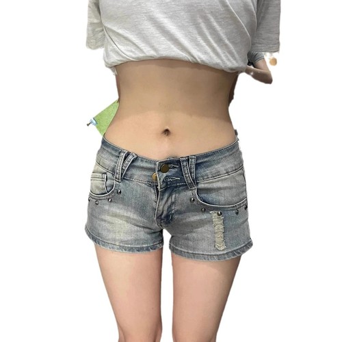Stylish Low-Waisted Blue Denim Shorts for Women 2025 Summer Rivet Casual Pants Tight Wide Leg Ultra Short Hot Pants