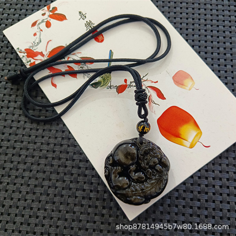 간단한 검은 밧줄이있는 금 흑요석 용감한 공 (직경 35mm)