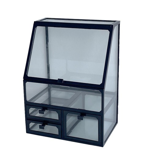 Glass cosmetics storage box desktop dustproof transparent high-end dressing table skin care products lipstick brush storage rack