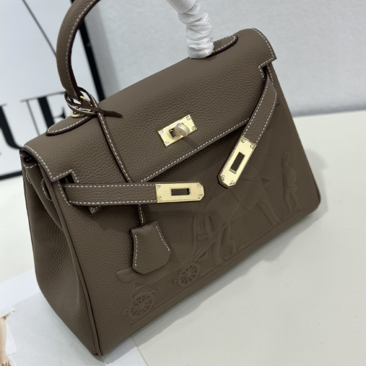 新款凯莉压印马图外贸女包头层牛皮压花手提单肩斜挎女包