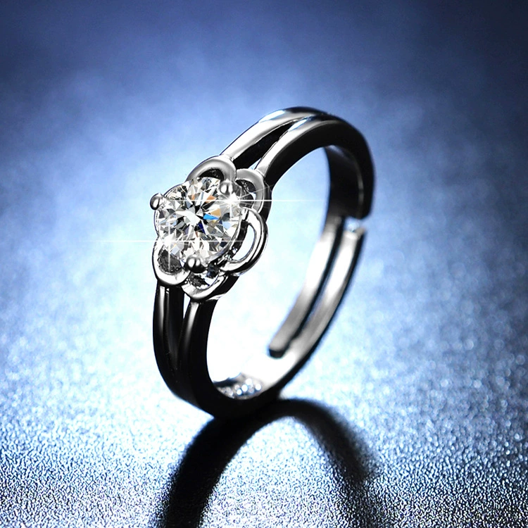 Ring one carat, adjustable open band with AAA zirconia, silver-layer plating