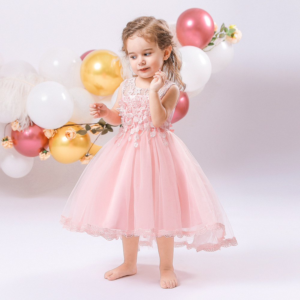 European and American New One-Year-Old Washed Dress Spliced Lace Sleeveless Princess Dress Girls Stereo Applique Beaded Tuxedo