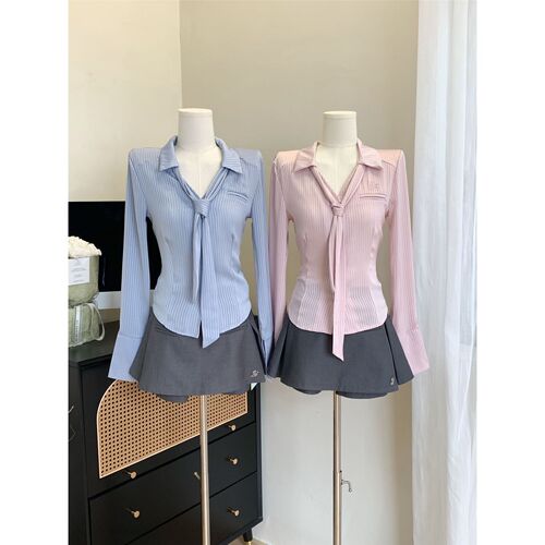 Silky-waistline, slim-fit, solid-color shirt with notched lapel and long sleeves—women's tie-neck top paired with skirt-trousers two-piece set