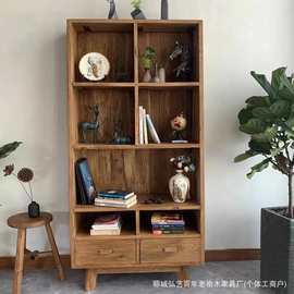 老榆木书架多功能博古架实木落地式书柜置物柜家用实木两抽屉书架