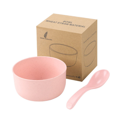 Wholesale wheat straw bowl and spoon set for home use, children's rice bowl, soup bowl, cereal bowl promotional gift bowl with logo print