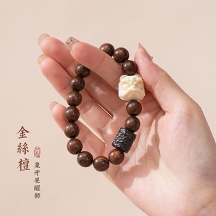 Golden Sandalwood Bracelet, Black Sandalwood Barrel Beads, Lion Awakening, Wooden Rosary Bracelet, Exquisite Female Single Circle Buddha Beads, Couple Style