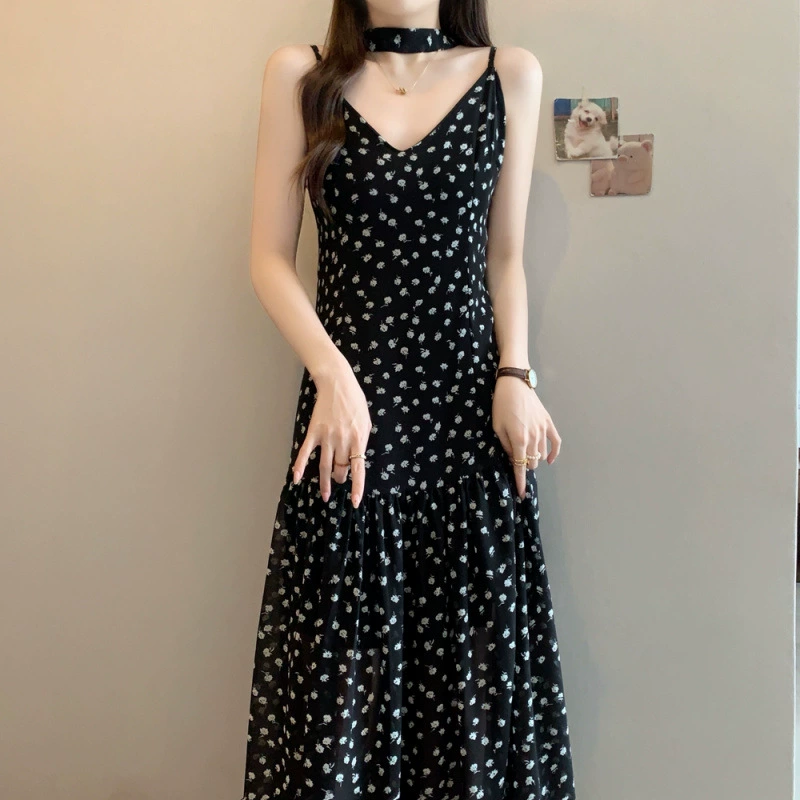 В наличии, летнее платье больших размеров в корейском стиле на бретельках в горошек, длинное платье для отпуска и путешествий с v-образным вырезом для похудения