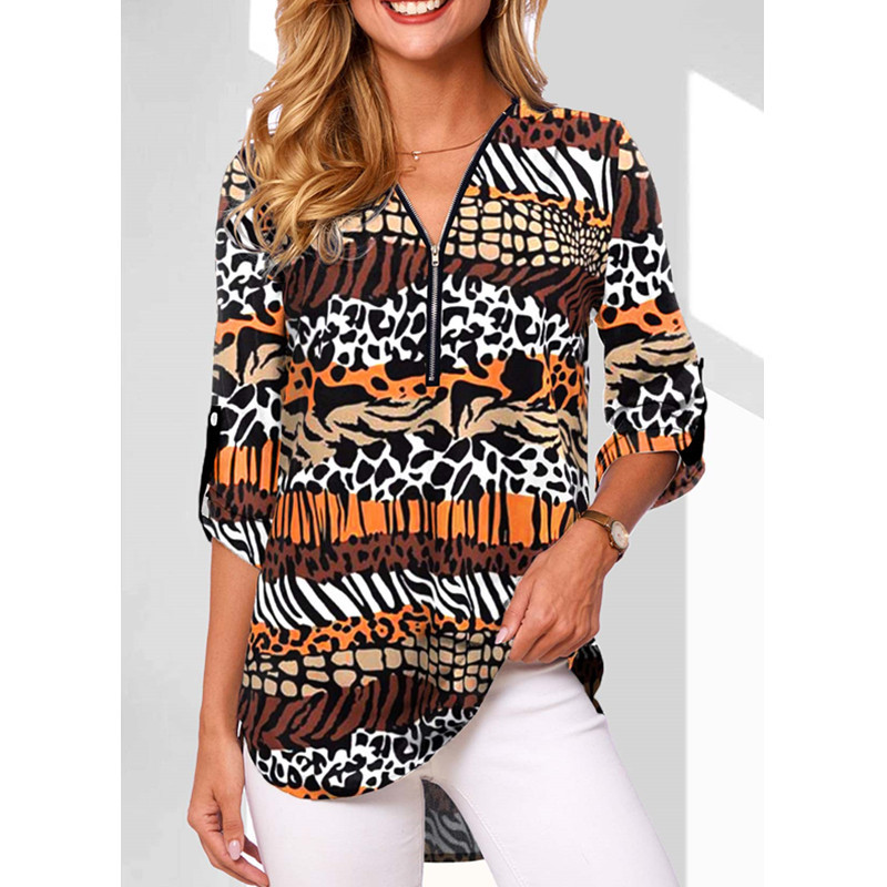 bestseller: European American Style V-neck Zippered Plus-size Women's Long-sleeve Shirt With Rollable_ecoleips.com