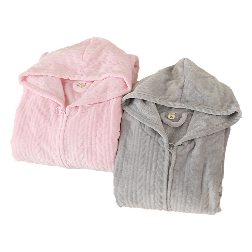 Amazon mismo estilo otoño e invierno con cremallera Albornoz camisón encapuchado pareja engrosada pijamas de franela las mujeres largo camisón