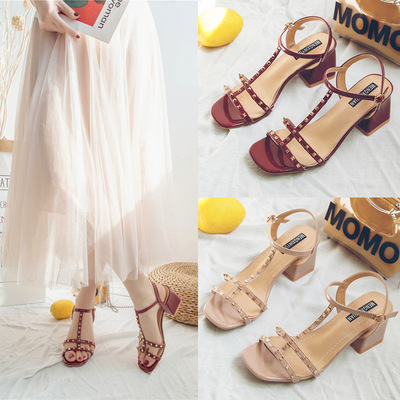 Net Red Sandals Rome Sandals fashion Middle heel With crude Sandals rivet Sandals Fairy Wind student