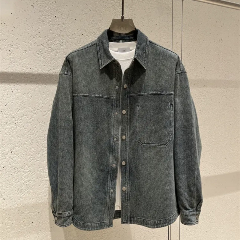 Spring and Autumn Herringbone Retro Washed Distressed Loose Silhouette Line Denim Shirt Shirt Jacket Jacket for Men
