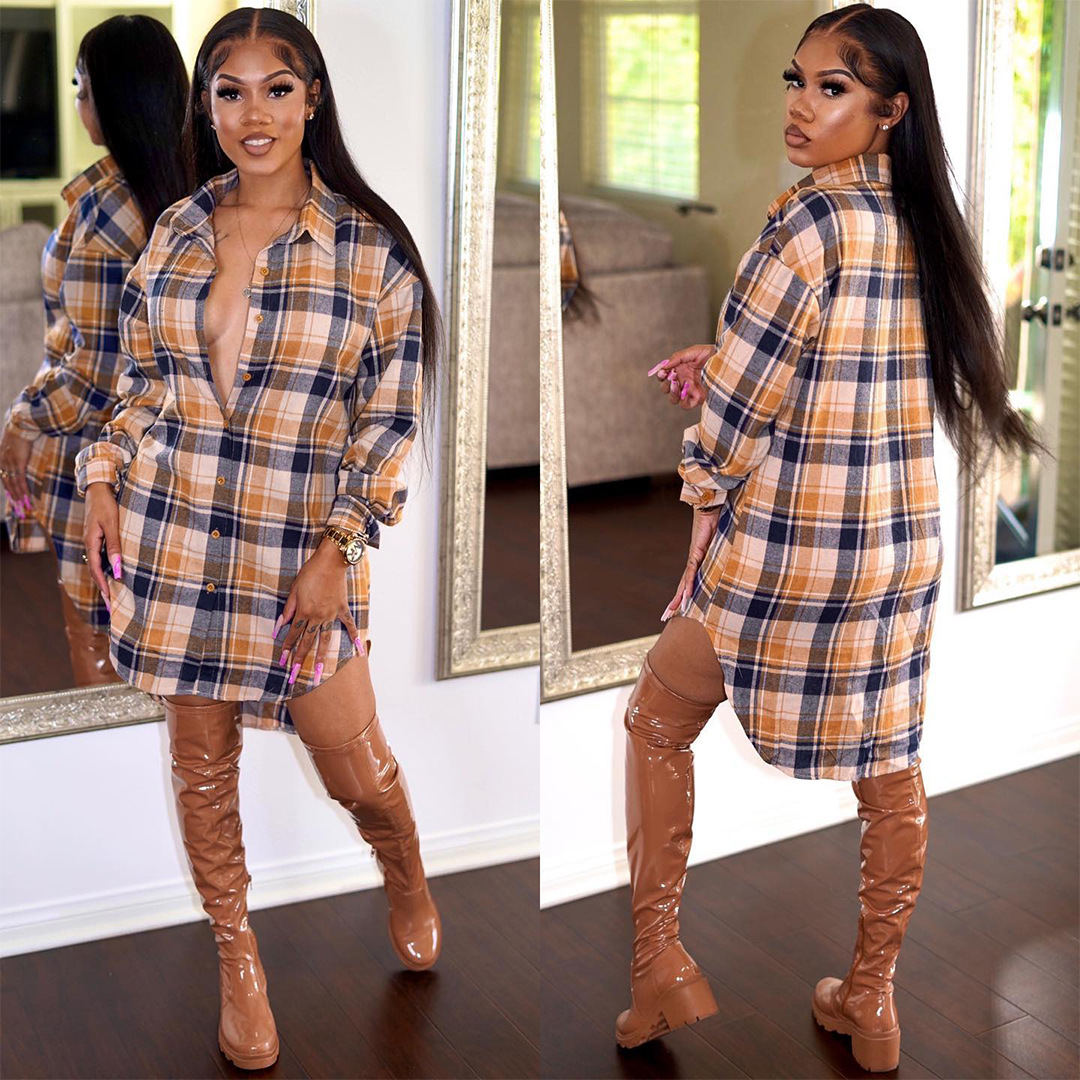 Women Clothing Comfortable Cotton Plaid Coat Shirt Dress