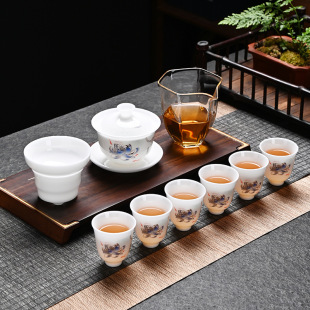 Ice Jade Porcelain Tea Set with Lidded Bowl and Teacups, Complete Set for Home Use, Housewarming Gift, Business Gift, National Trend Style