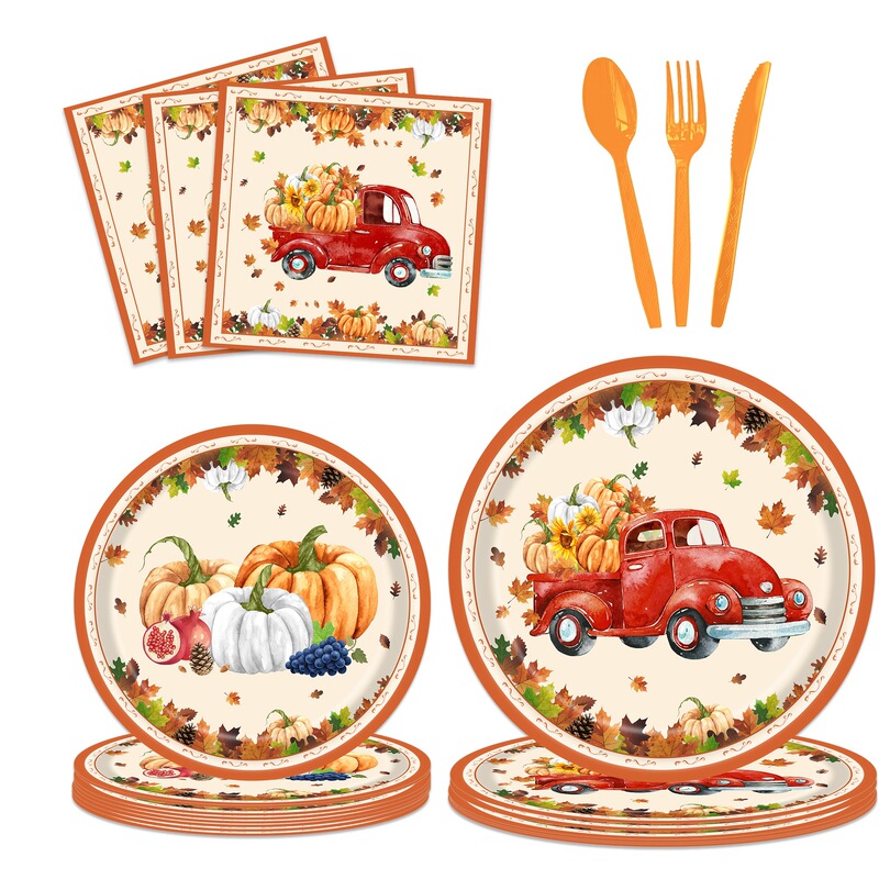 Thanksgiving Pumpkin Car Decoration Party Paper Plate Set Children's Holiday Decoration Disposable Plates, Napkins, Paper Cups