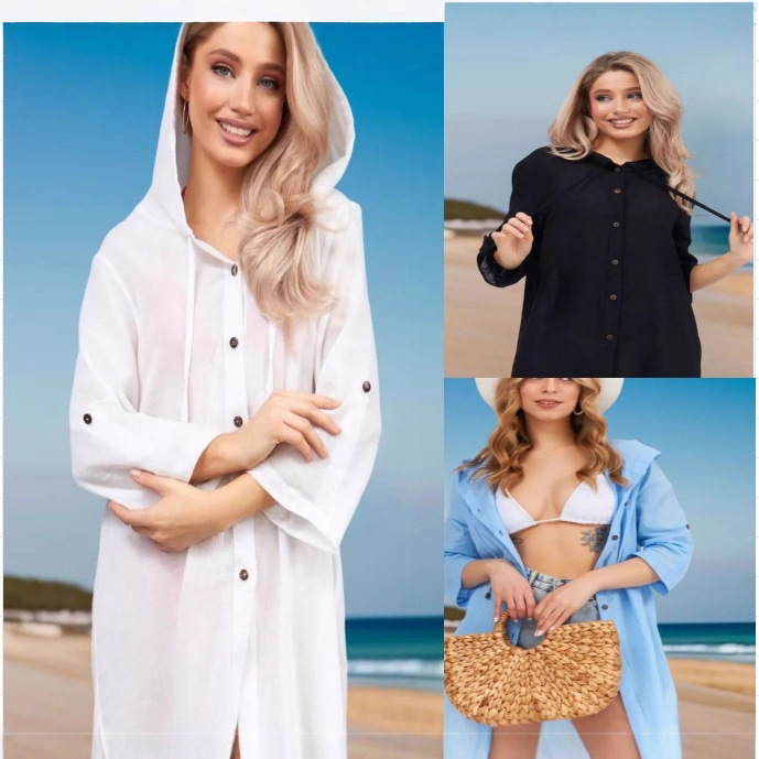 2025 Hot Selling European and American Women's Cotton Wrinkle Casual Short-Sleeve Hooded Shirt Fashion Button Cardigan Beach Cover-Up