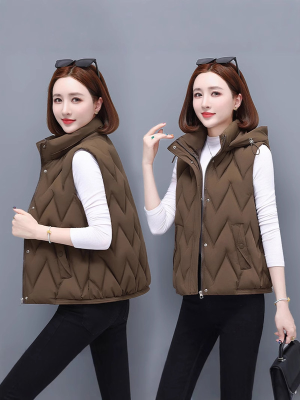 女性用コットンベスト、秋冬ショートライブキャップサーマルベスト、小柄な人向けの新しいノースリーブコットンジャケット、無地の多用途コットンベスト|undefined