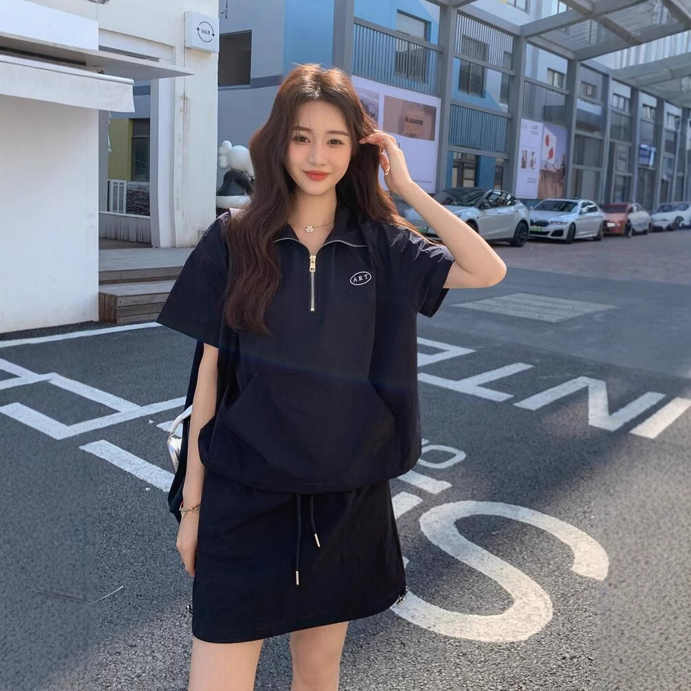 여성을위한 한국 스타일 노화 방지 캐주얼 운동복 정장 여름 새로운 패션 지퍼 폴로 셔츠 반팔 스커트 투피스 세트