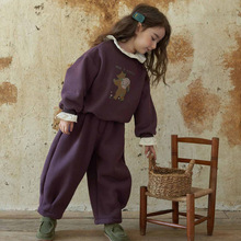 女童套装秋冬新款卡通印花圆领抓绒卫衣+长裤2件套中小童一件代发