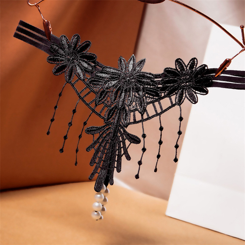 Light Luxury Tassel Women's Thong, Sexy Hollow-Out Embroidered Lace, Pearl Massage One-String Low-Waist Erotic Panties