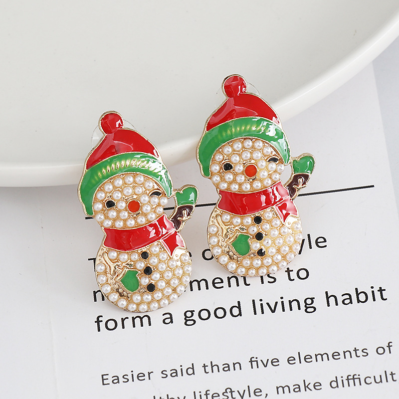 Fashion Snowman Alloy Enamel Inlay Pearl Womenu0027S Ear Studs 1 Pair