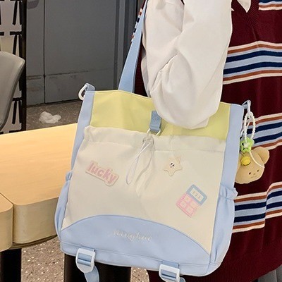 대학 스타일 대용량 크로스 바디 백 새로운 귀여운 신선한 소녀 색상 대비 토트 백 학생 과외 클래스 가방