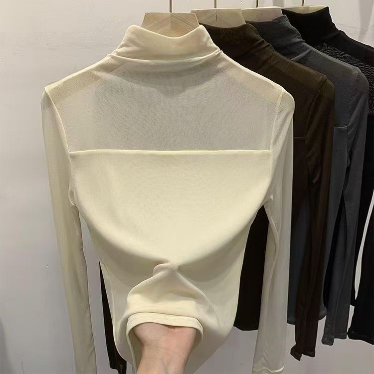 Solid color semi-high collar lace base shirt women's early autumn build 2024 new mesh top chiffon shirt