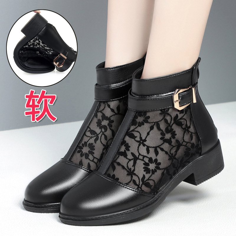 Boot lưới nữ đế thấp da thật mũi hở gót thấp kiểu dáng thoáng mát — màu đen