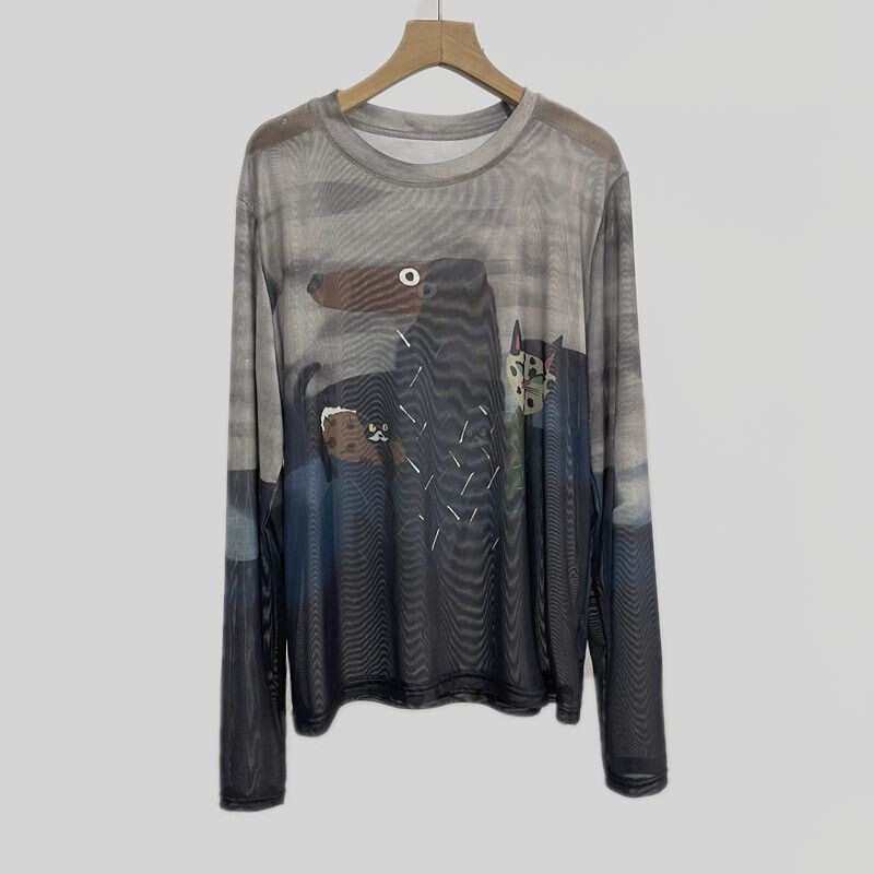 Designer Style! Stylish~ Cartoon Graffiti Print Thin Semi-Sheer Round Neck Long-Sleeve T-Shirt for Women, New Summer Cover-Up Top