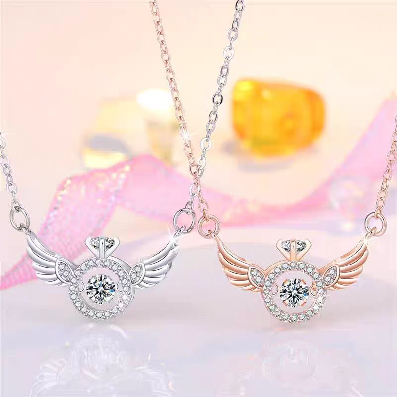 Cross-Border Titanium Steel Dynamic Angel Wings Necklace for Women, Light Luxury, Simple, Fashionable, Versatile Zircon Wing Pendant Clavicle Chain