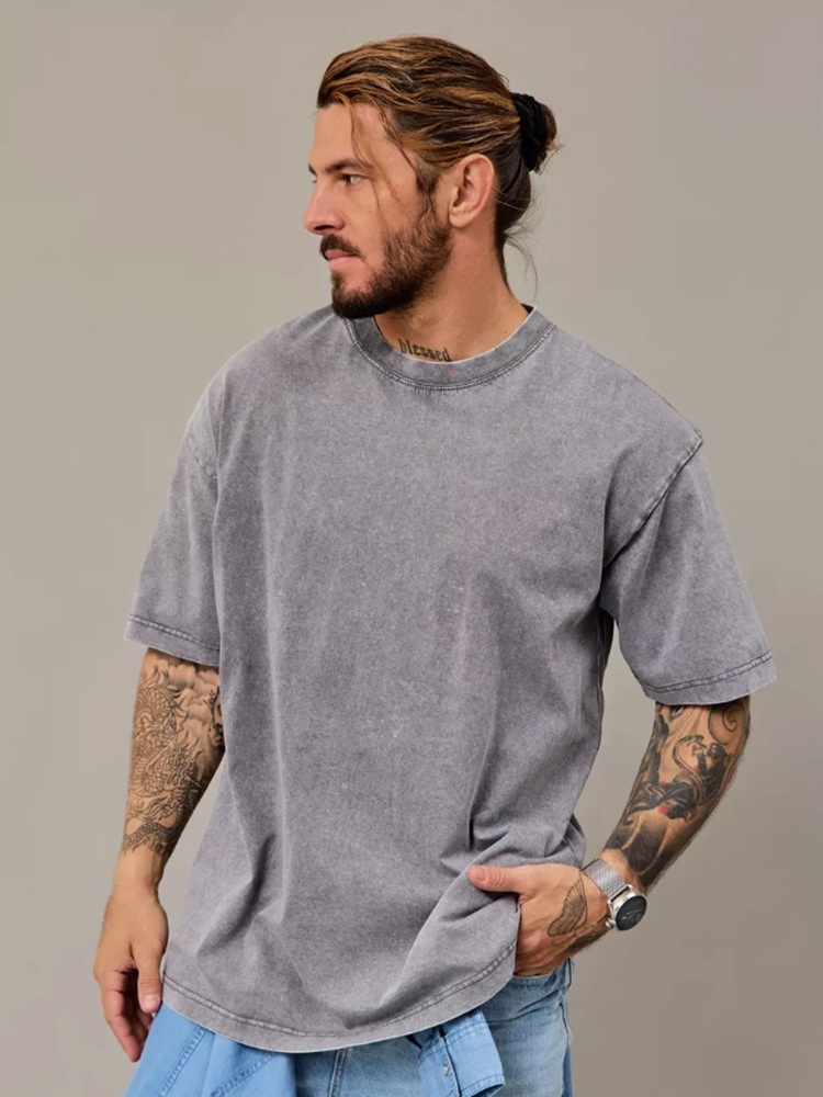 Pesado hacer vieja camiseta de manga corta para hombres de verano nuevo cuello redondo suelto oversize americano retro in camisas de moda