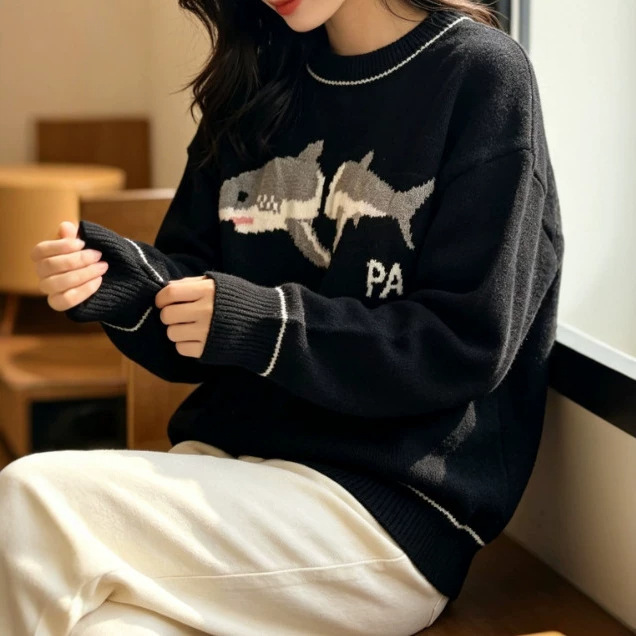 Cross-border women's black shark jacquard sweater, white ribbed color-blocking loose-fit round-neck drop-shoulder knitwear, casual Cross-border women's black shark jacquard sweater, white ribbed color-blocking loose-fit round-neck drop-shoulder knitwear, casual