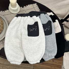 宝宝加绒加厚卫裤冬季拼色新款男童一体绒运动裤女儿童宽松长裤