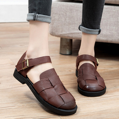 2021夏新款低帮真皮现货圆头平底低跟透气成年凉鞋包跟侧空休闲鞋