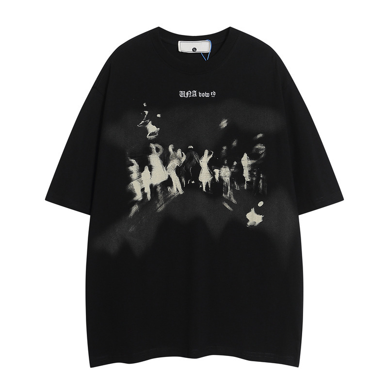 2024 Blurry Figure Pattern Trendy Short Sleeve American Trendy New Teen Popular Round Neck Loose T-Shirt Men's Wear